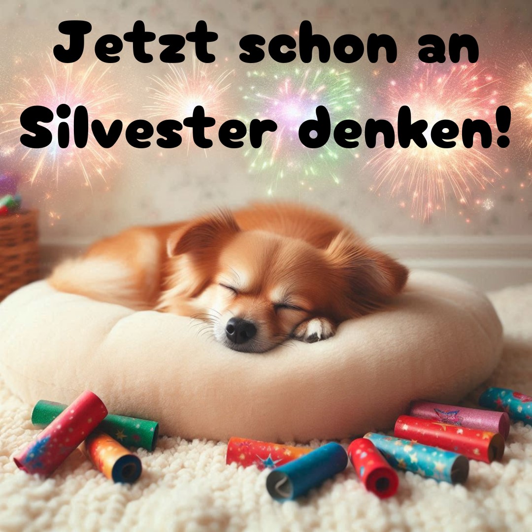 Hund schläft auf einem Kissen im Hintergrund ist ein Feuerwerk